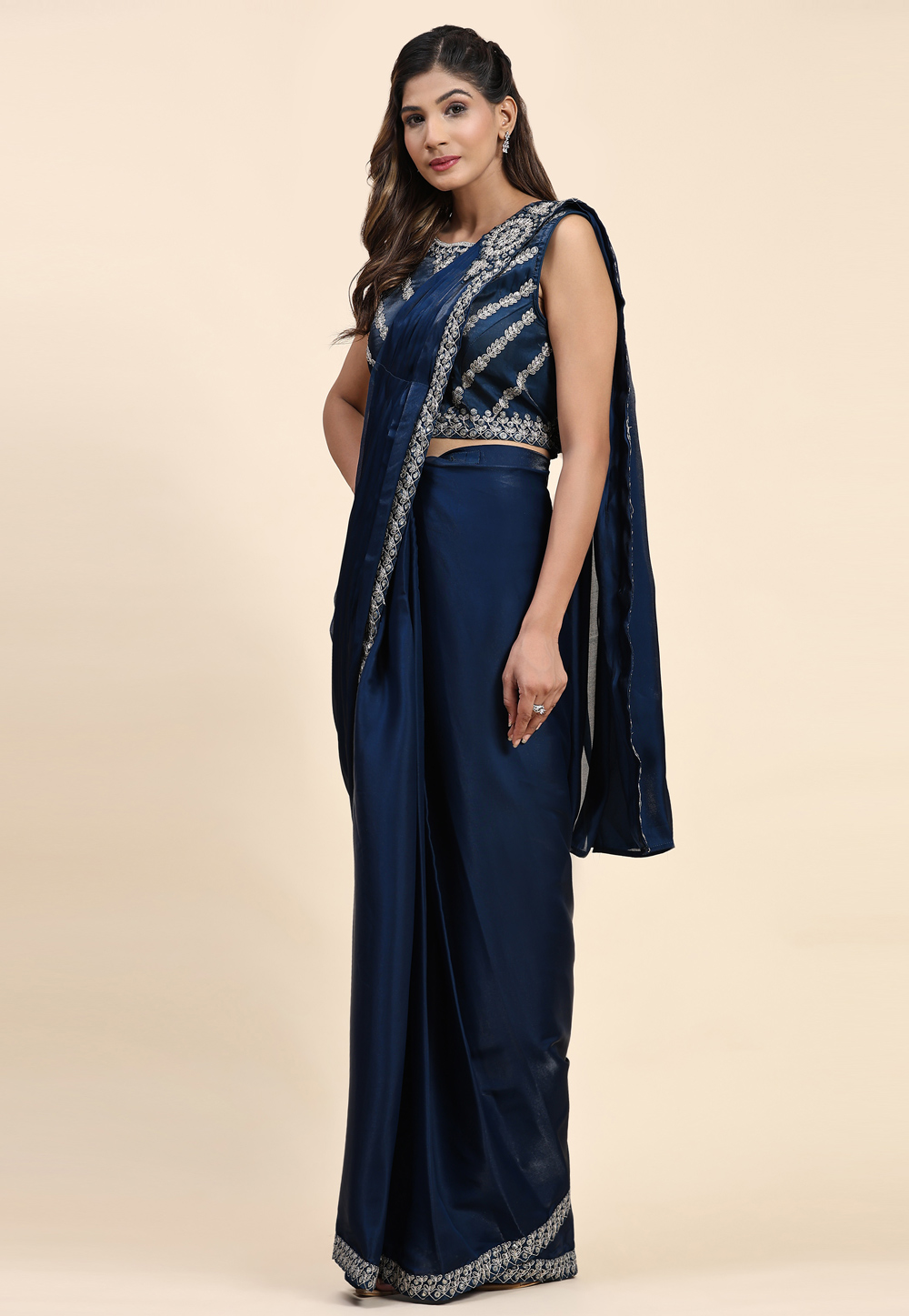 Navy Blue Silk Satin Saree With Blouse 270391