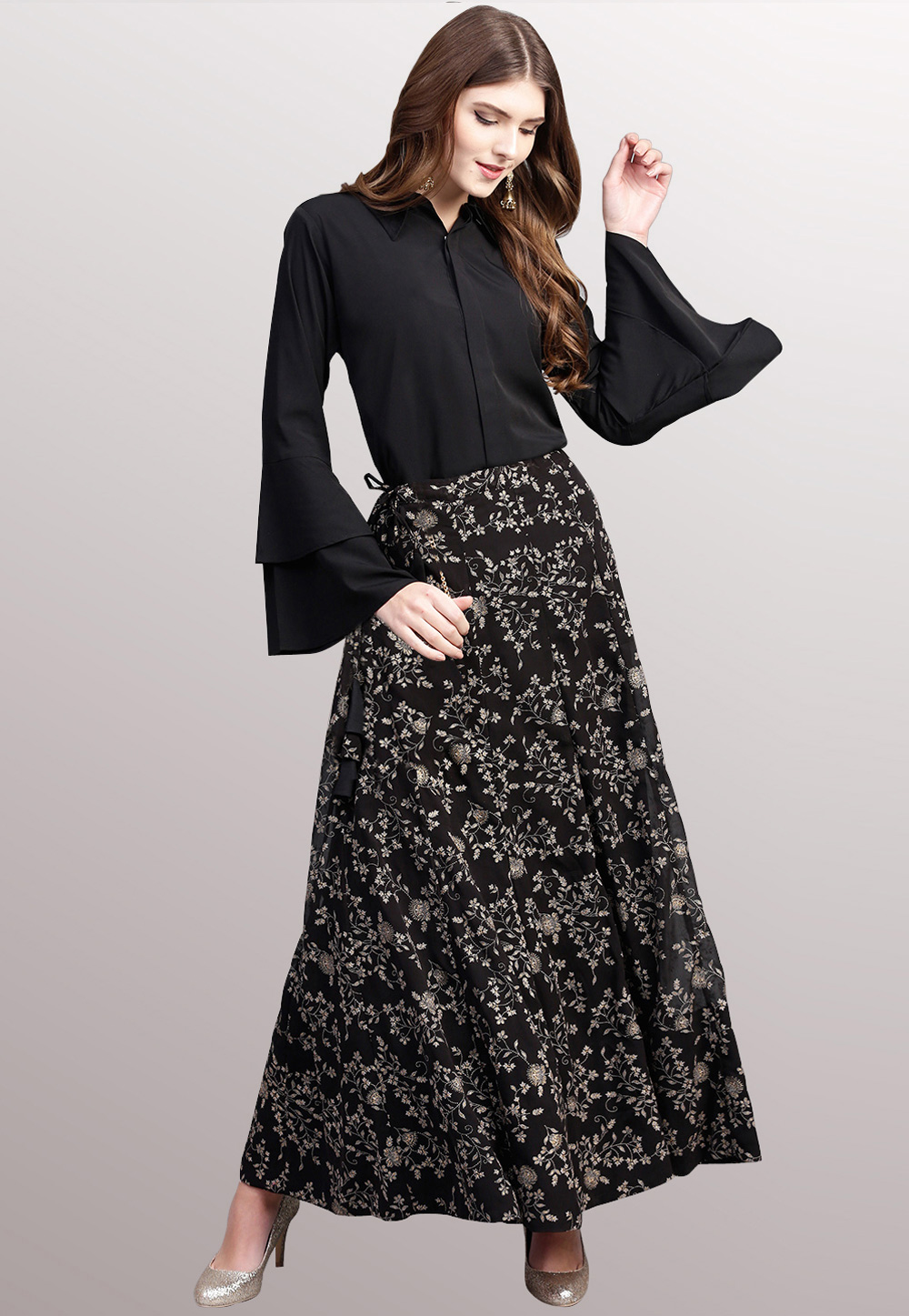 Black Crepe Readymade Shirt and Skirt With Frill Sleeve 176998