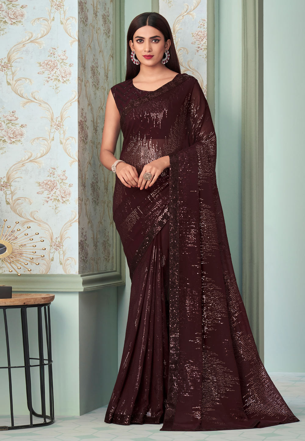 Wine Georgette Sequence Saree 260574