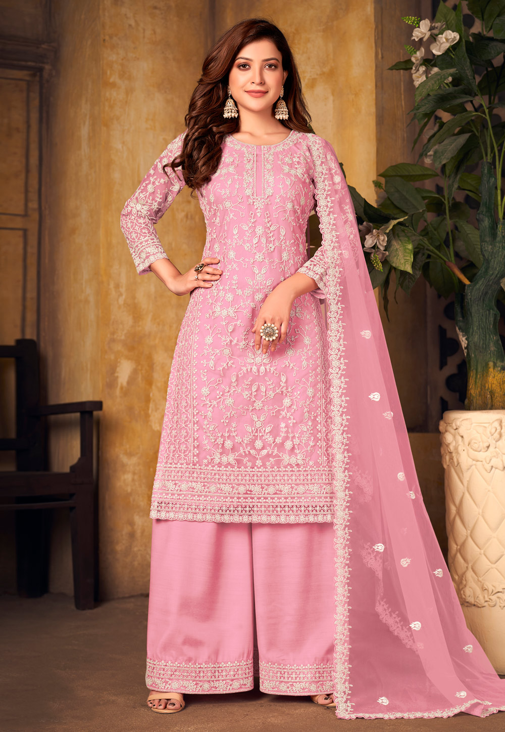 Pink Net Embroidered Palazzo Suit 244100