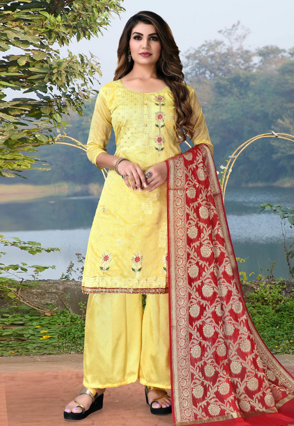 Yellow Chanderi Cotton Pakistani Palazzo Suit 246919