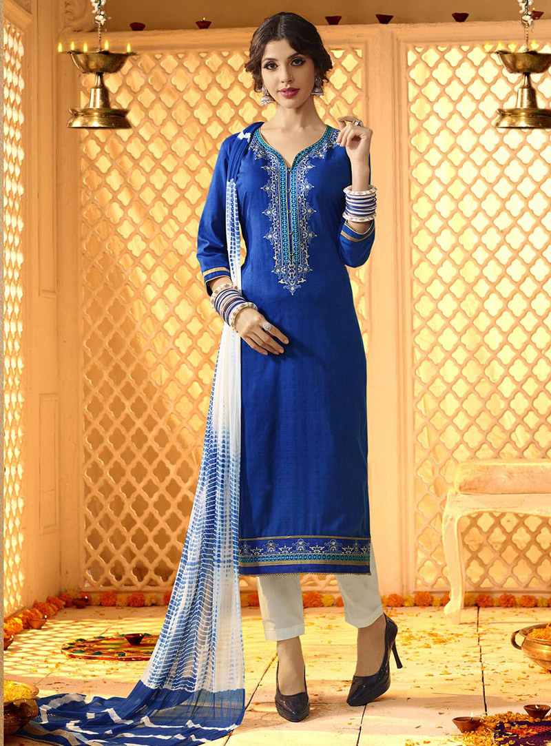 Royal Blue Cotton Straight Cut Salwar Suit 104703