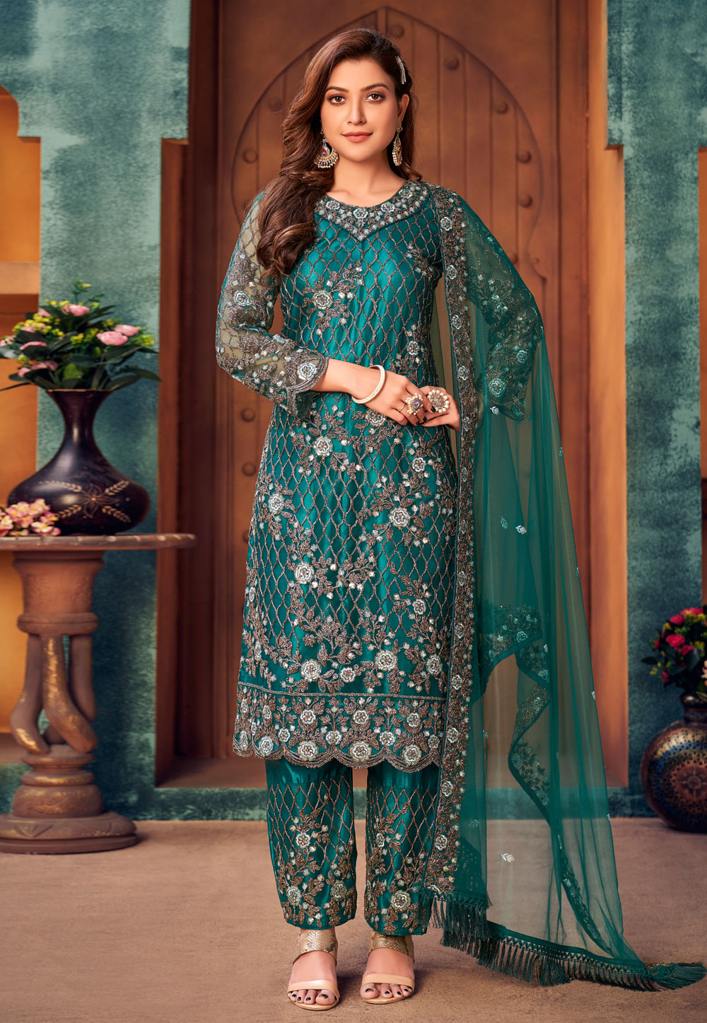 Teal Net Pant Style Suit 241902