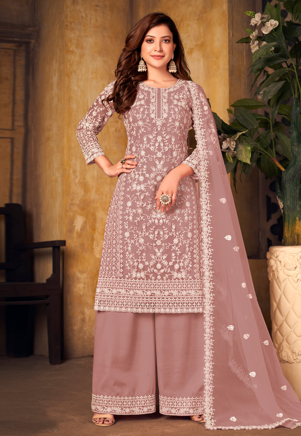 Brown Net Embroidered Kameez With Palazzo 244101