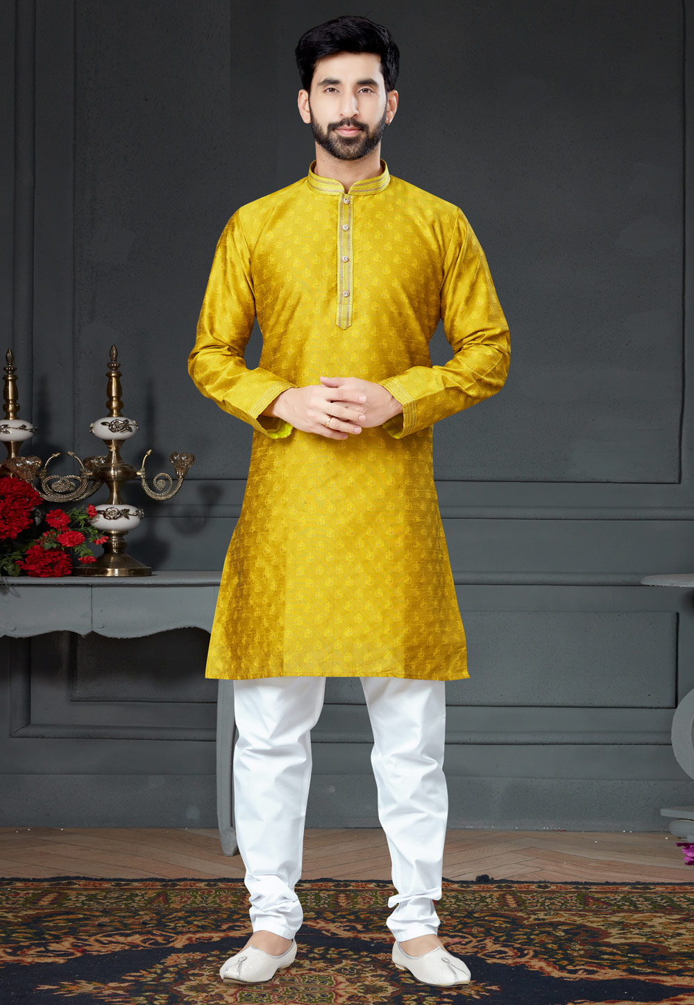Yellow Silk Kurta Pajama 250984