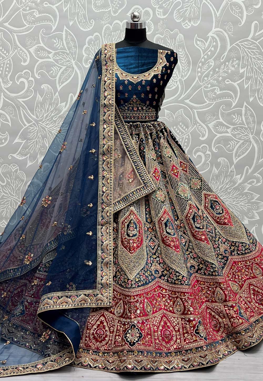 Navy Blue Velvet Wedding Lehenga Choli 259173