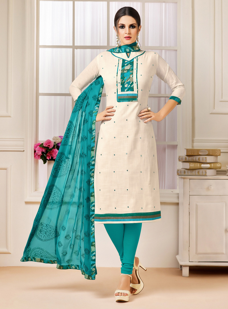 Off White Cotton Churidar Salwar Suit 105549