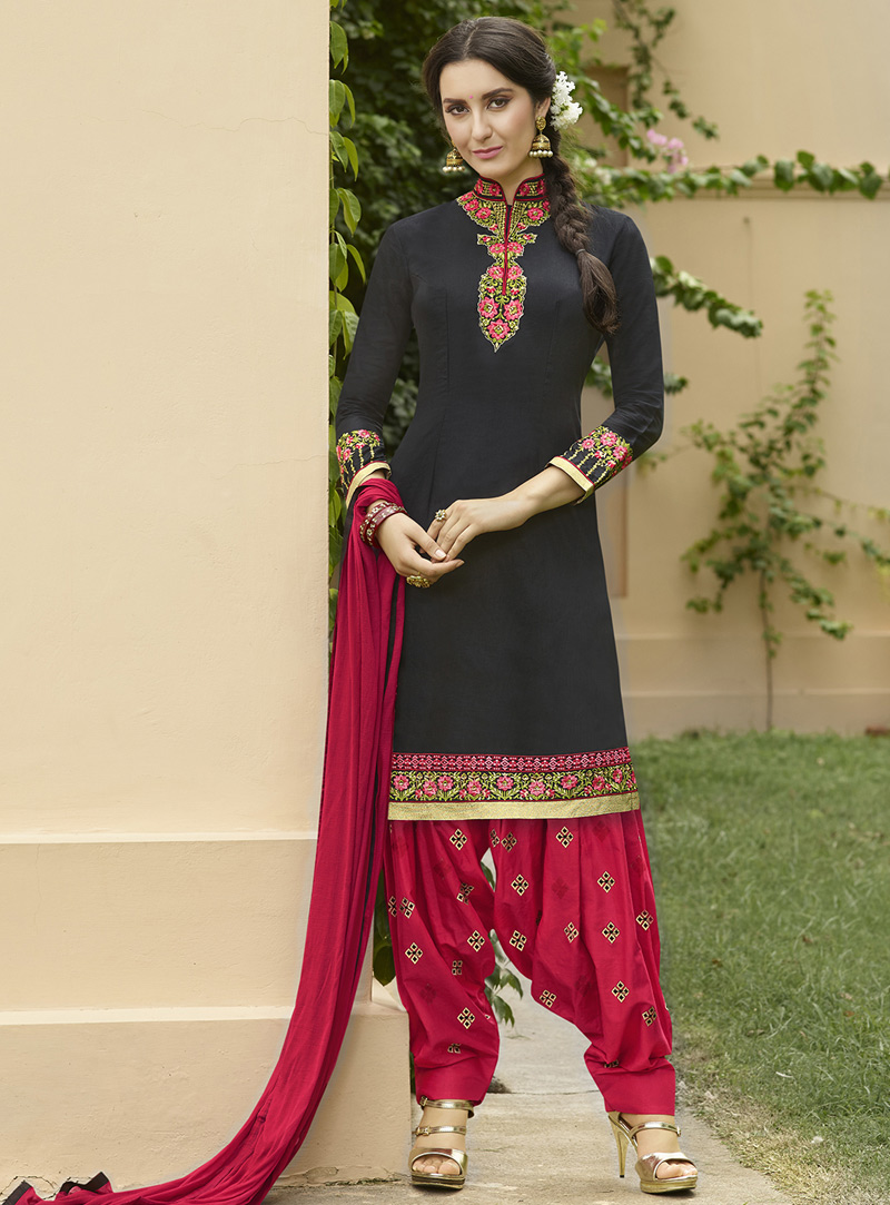 Black Cambric Cotton Punjabi Suit 105449
