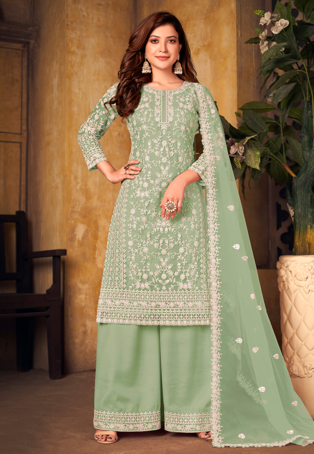 Pista Green Net Embroidered Palazzo Suit 244102