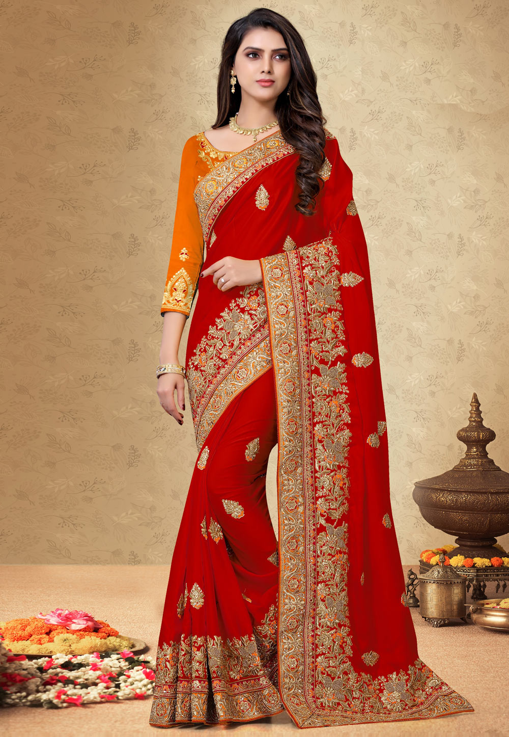 Red Satin Georgette Saree With Blouse 207180
