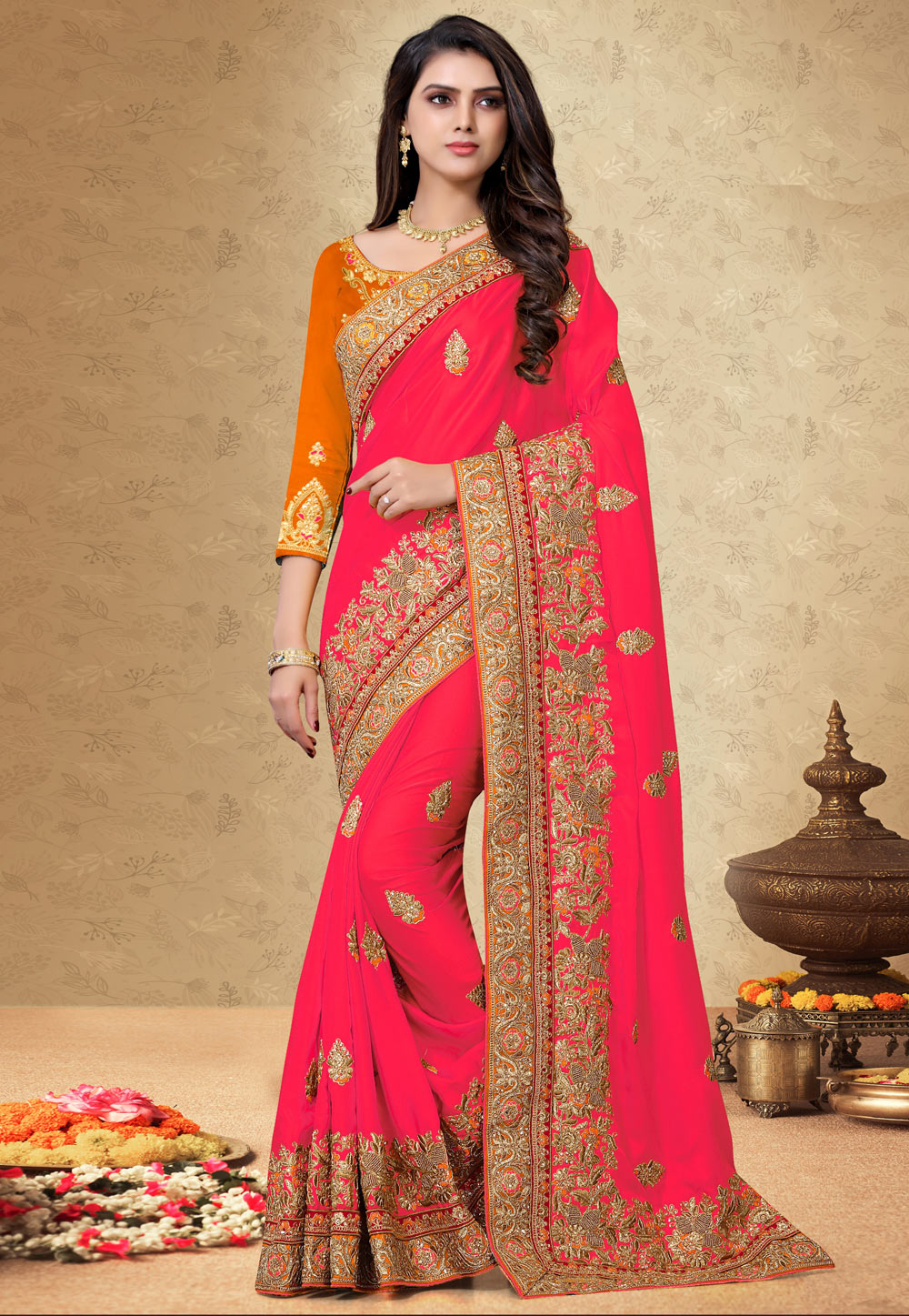 Pink Satin Georgette Saree With Blouse 207182