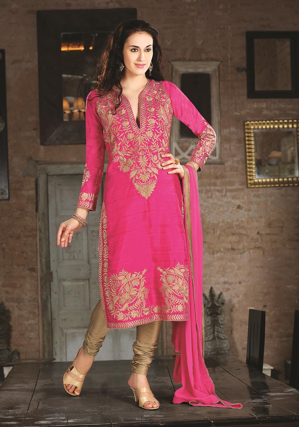 Pink Silk Zardosi Work Churidar Salwar Kameez 26883