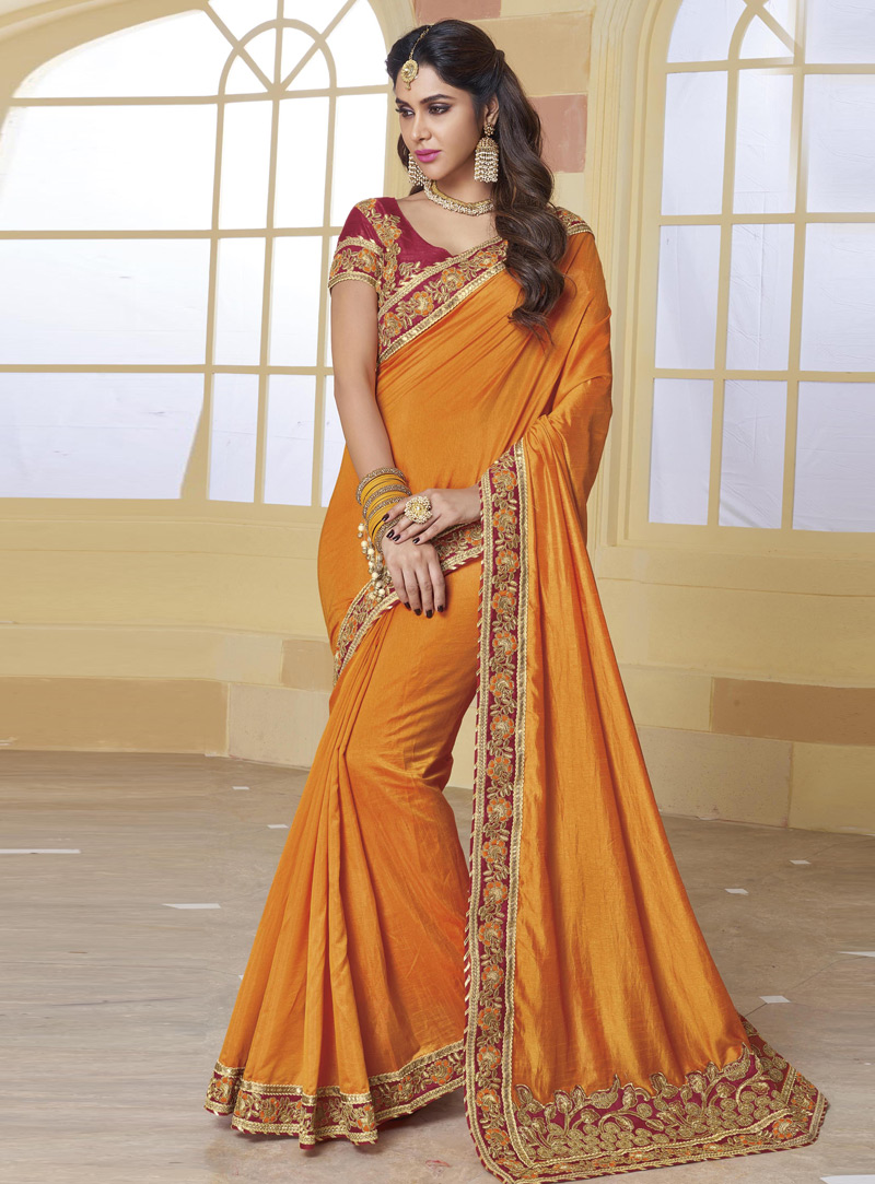 Orange Silk Patch Lace Work Saree 105914