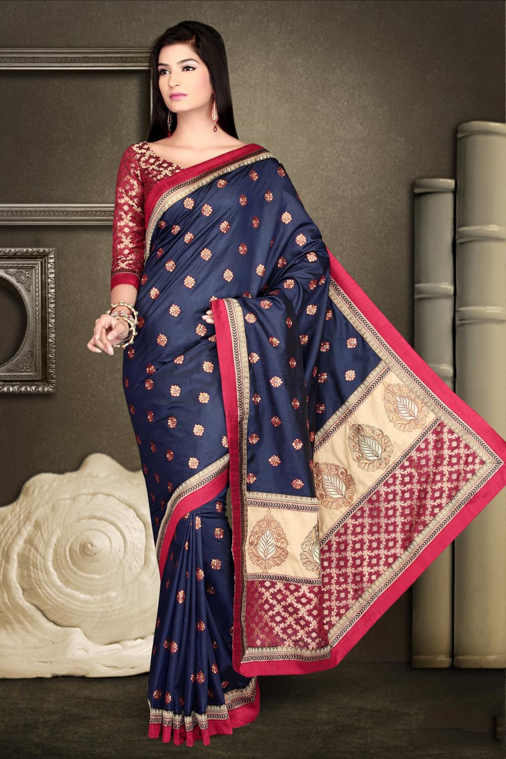 Blue Art Dhupion and Brocade Silk Saree 21804 With Unstitched Blouse