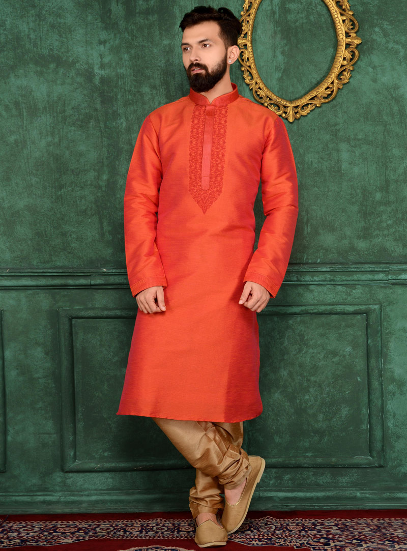 Orange Art Silk Readymade Kurta Pajama 106169