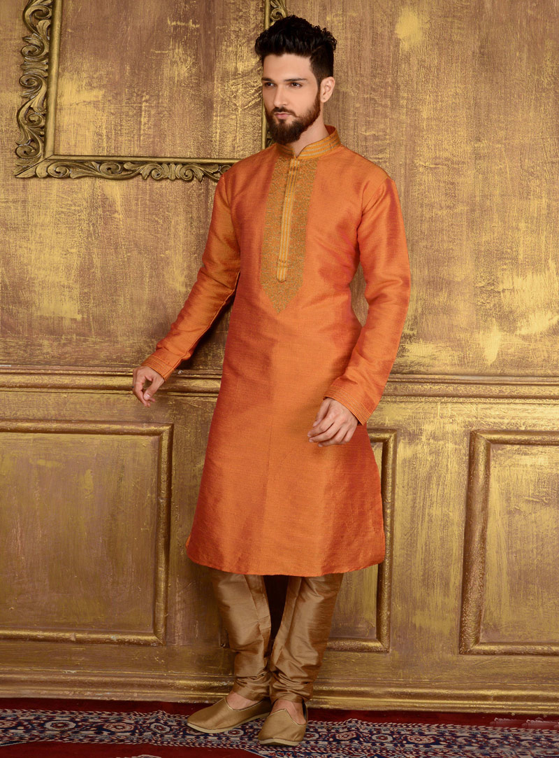 Orange Art Silk Readymade Kurta Pajama 106171