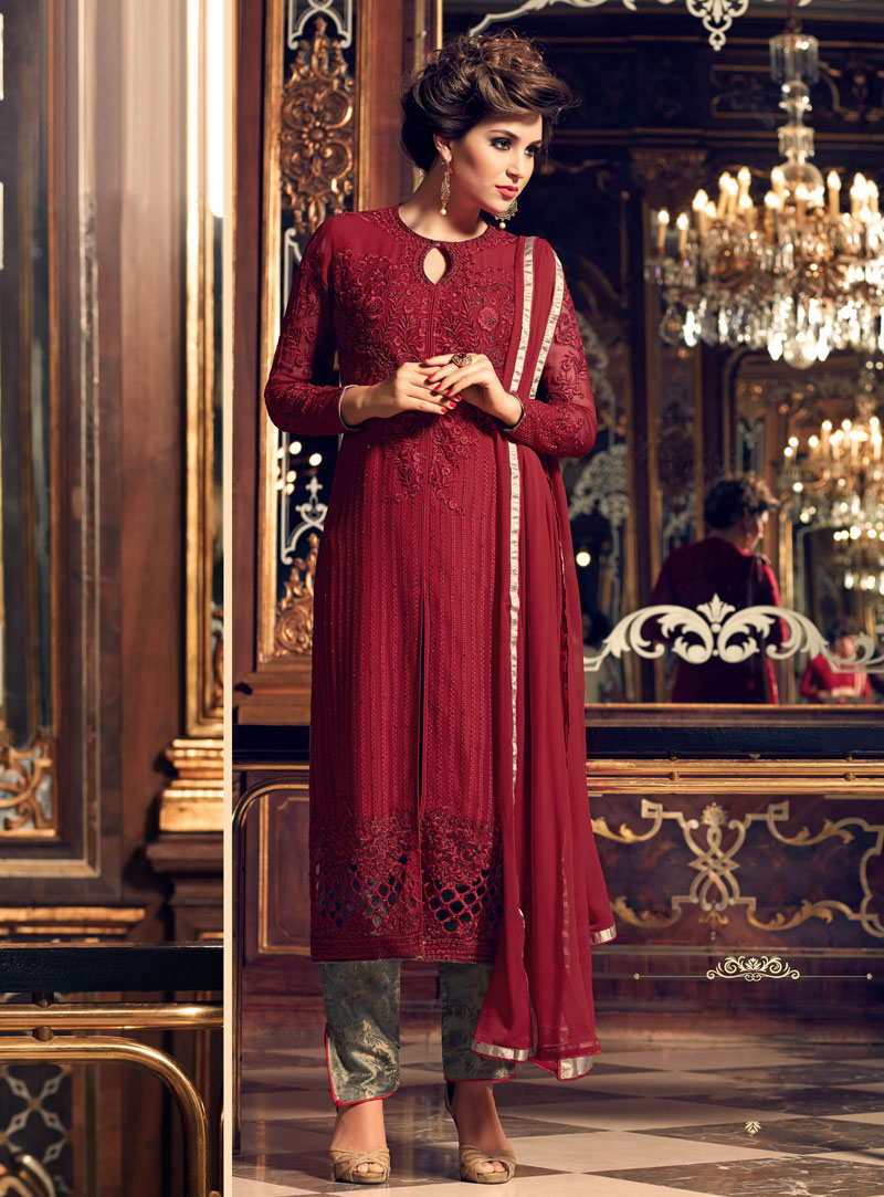 Red Georgette Straight Cut Salwar Suit 105250