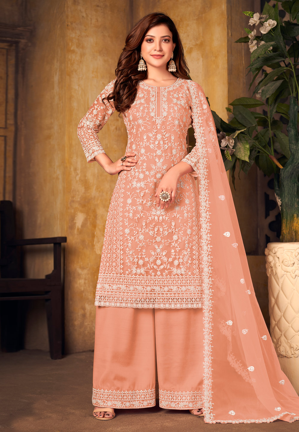 Peach Net Embroidered Kameez With Palazzo 244103