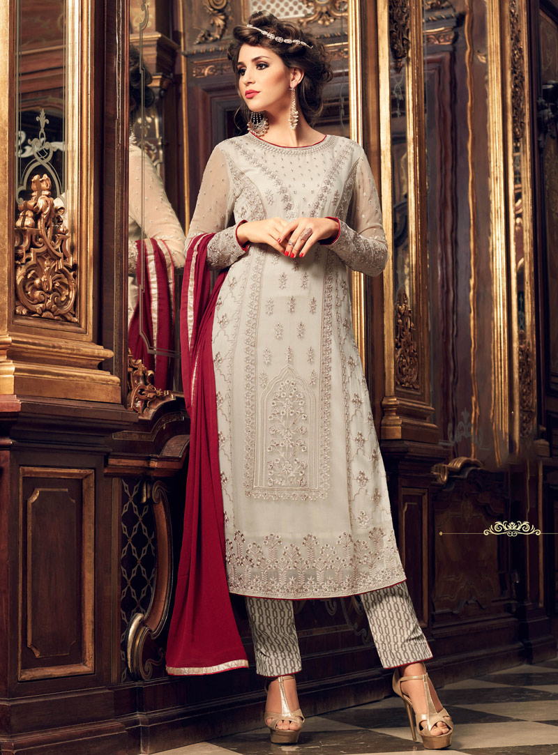 Off White Georgette Pakistani Style Suit 105255