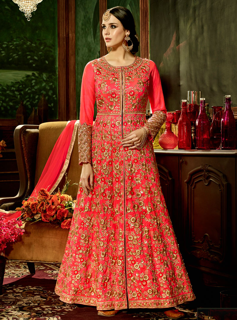 Red Silk Center Slit Anarkali Suit 105780