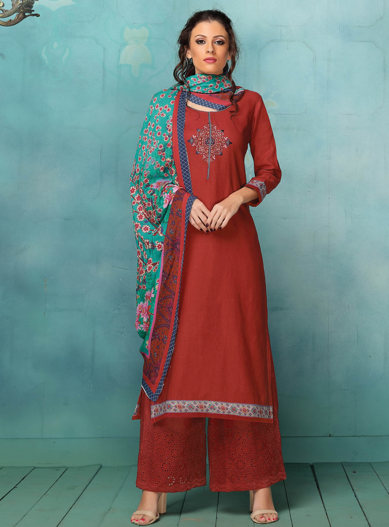 Red Silk Palazzo Style Salwar Suit 105791