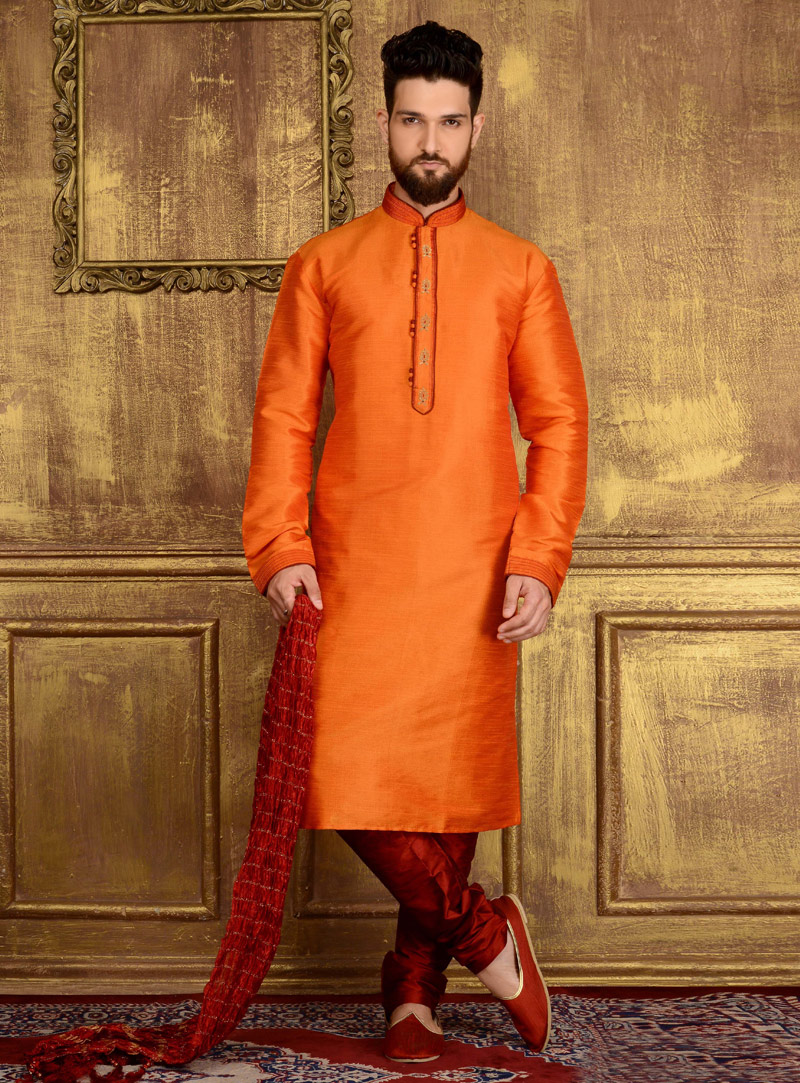 Orange Art Silk Readymade Kurta Pajama 106243