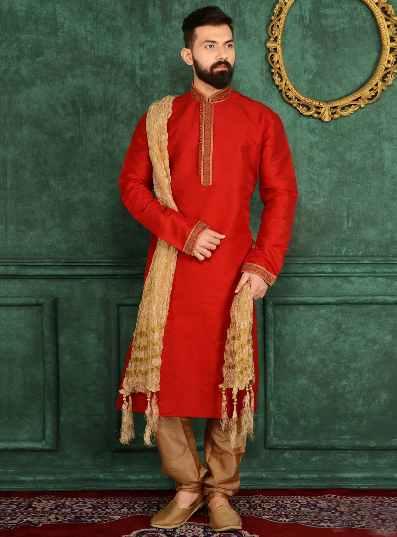 Red Art Silk Readymade Kurta Pajama 106244