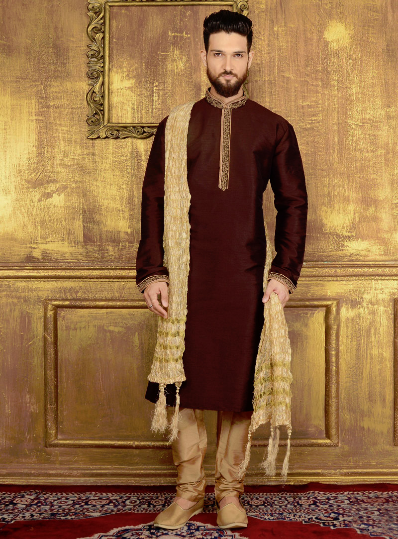 Brown Art Silk Readymade Kurta Pajama 106245