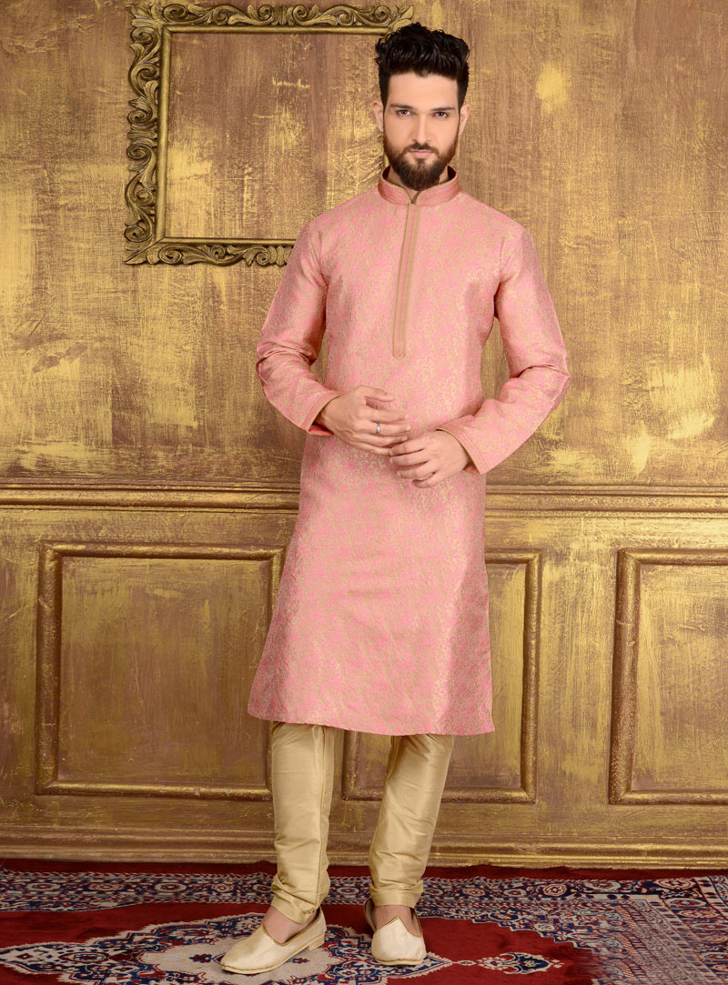 Pink Jacquard Readymade Kurta Pajama 106254