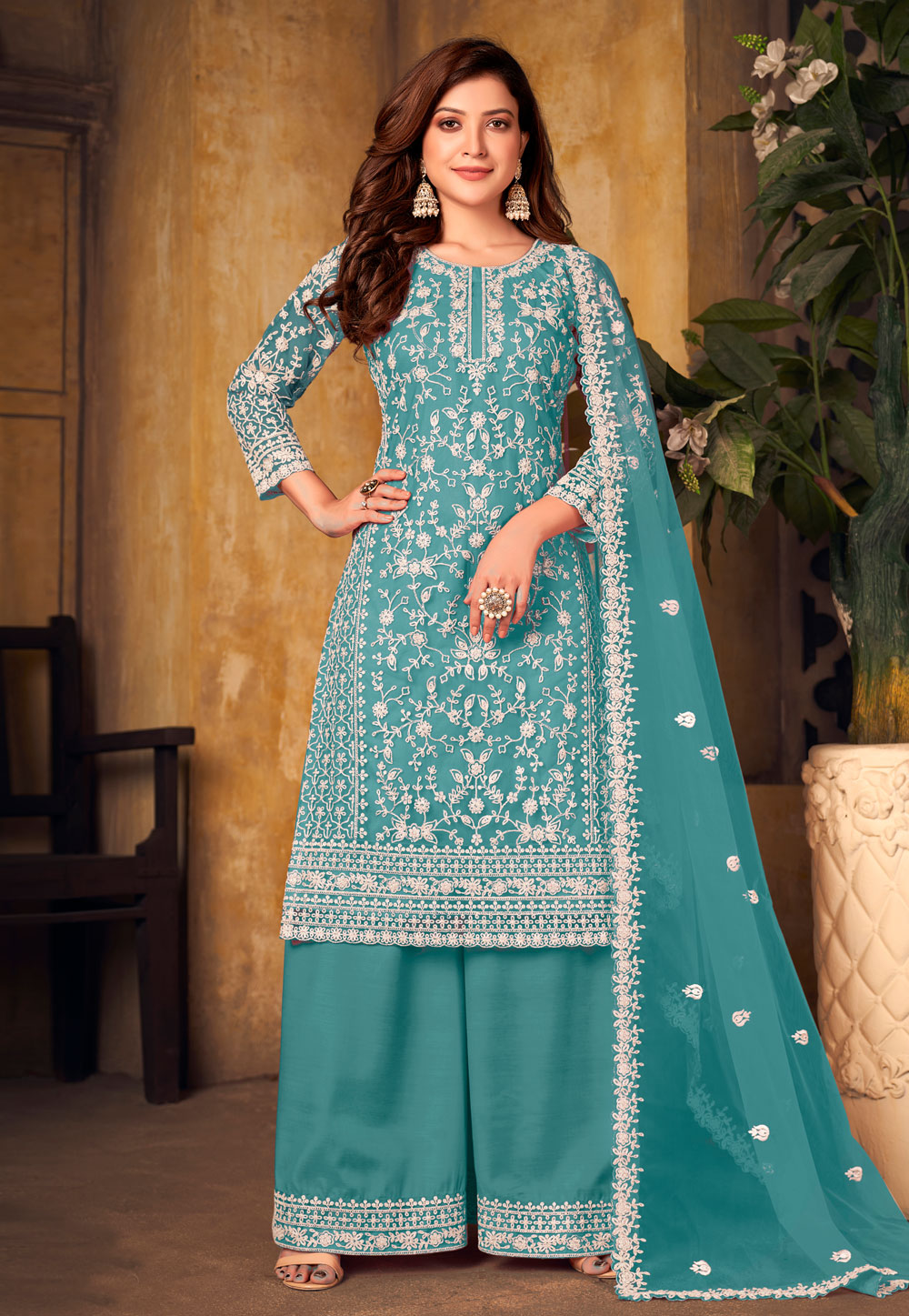 Sea Green Net Embroidered Palazzo Suit 248526