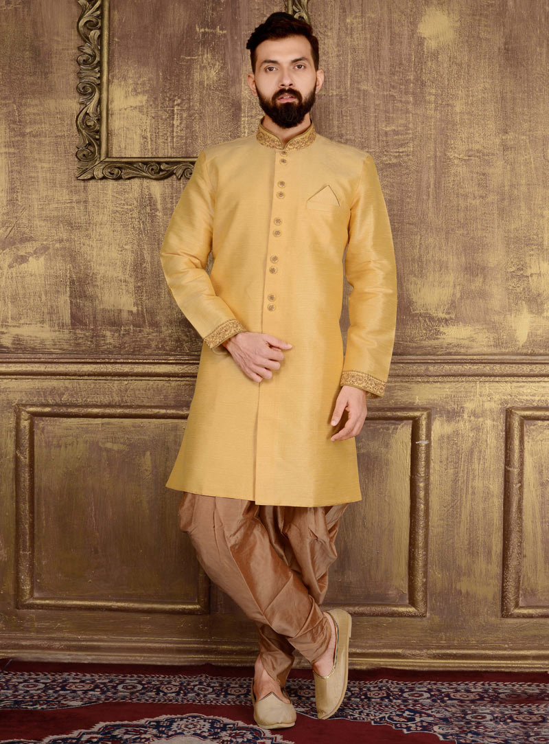 Yellow Banarasi Silk Indo Western Sherwani 108177
