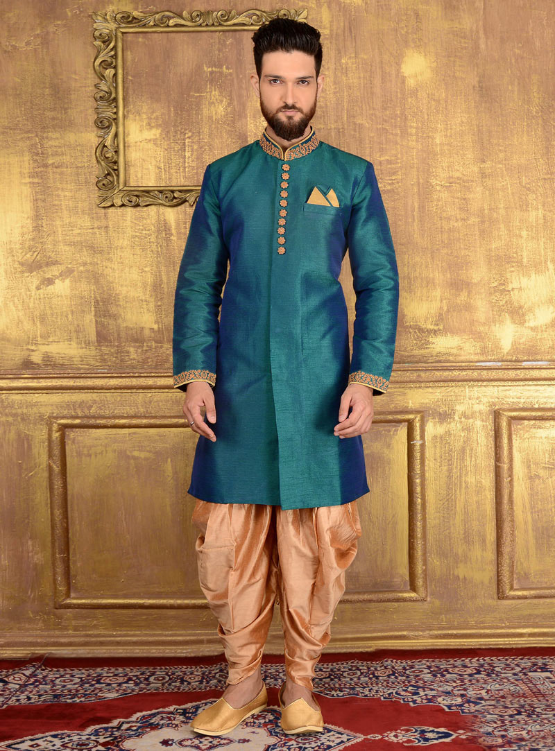 Teal Banarasi Silk Indo Western Sherwani 108180