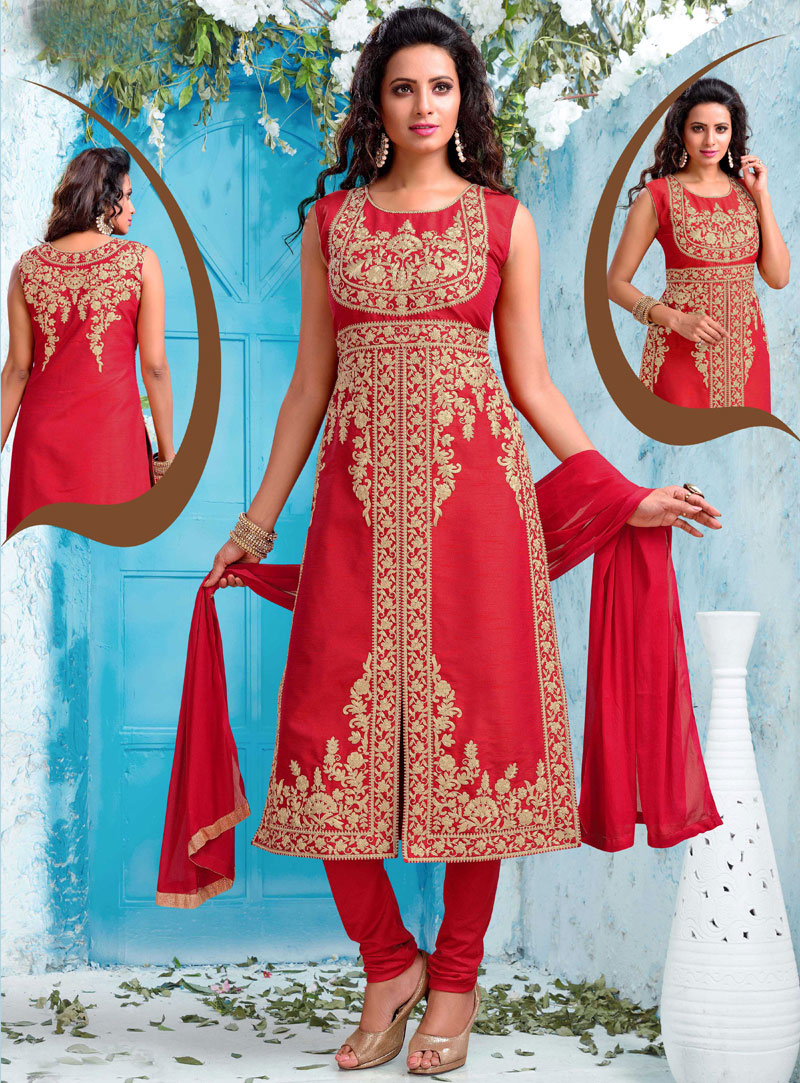 Red Chanderi Readymade Churidar Salwar Suit 106352