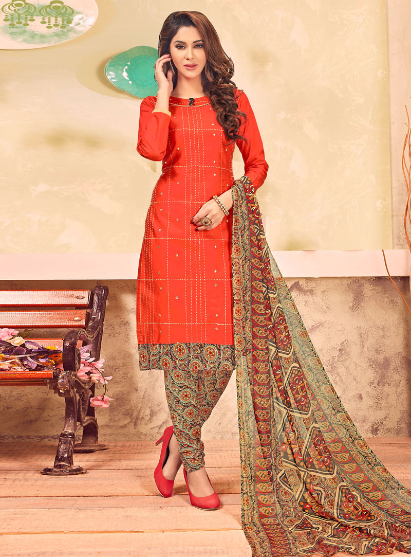 Orange Cotton Churidar Salwar Suit 107748