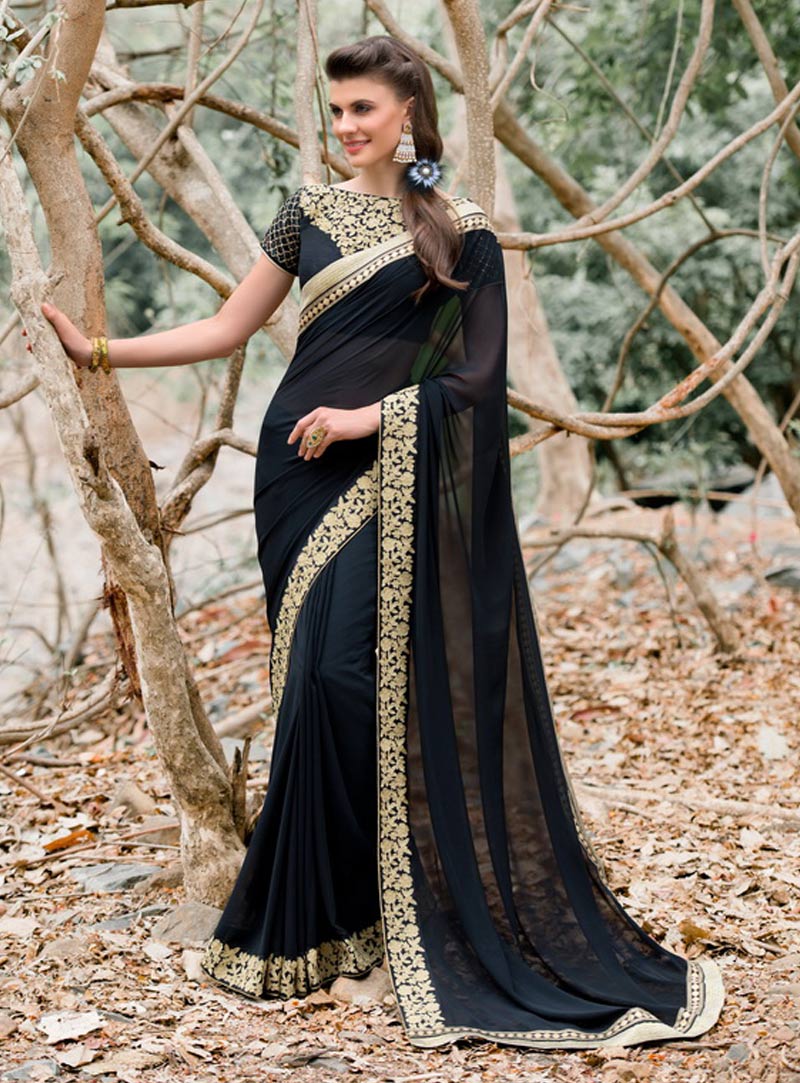 Black Georgette Saree With Heavy Blouse 80984