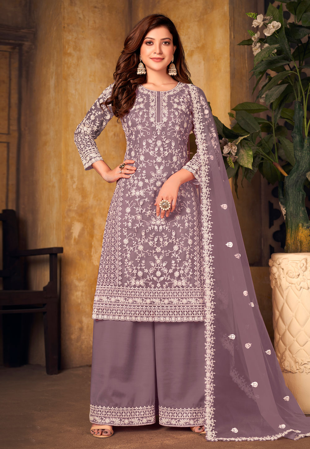 Light Purple Net Embroidered Pakistani Suit 248527