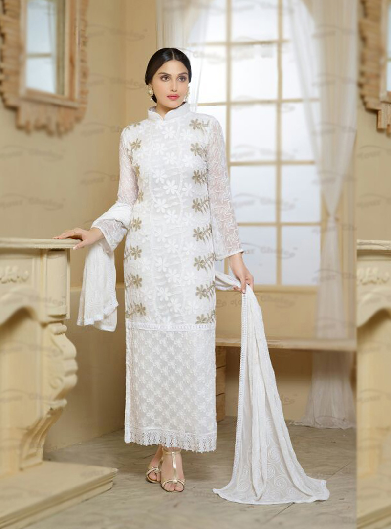 White Chiffon Straight Cut Salwar Suit 85184