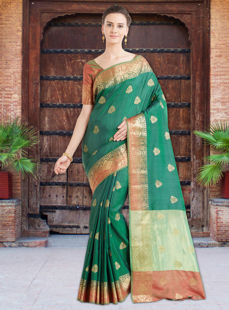 Green Banarasi Silk Saree With Blouse 115942