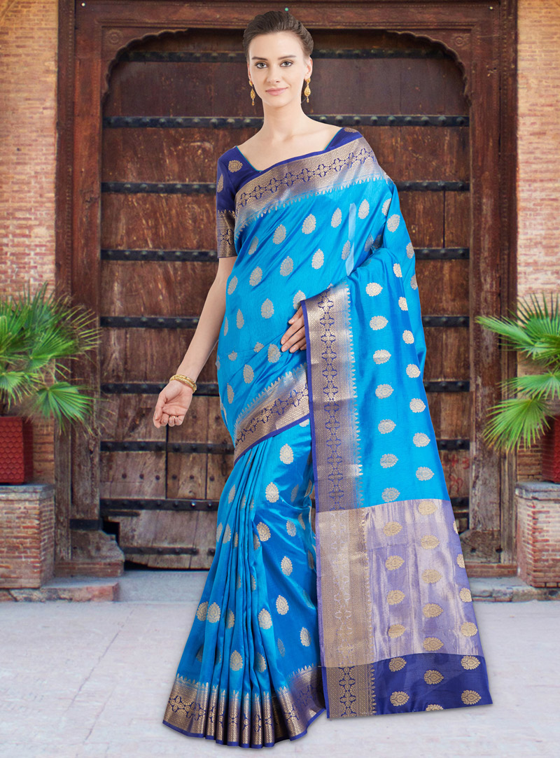 Blue Banarasi Silk Saree With Blouse 115944
