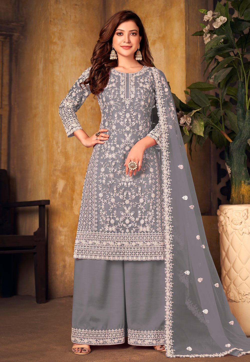 Grey Net Embroidered Palazzo Suit 248528