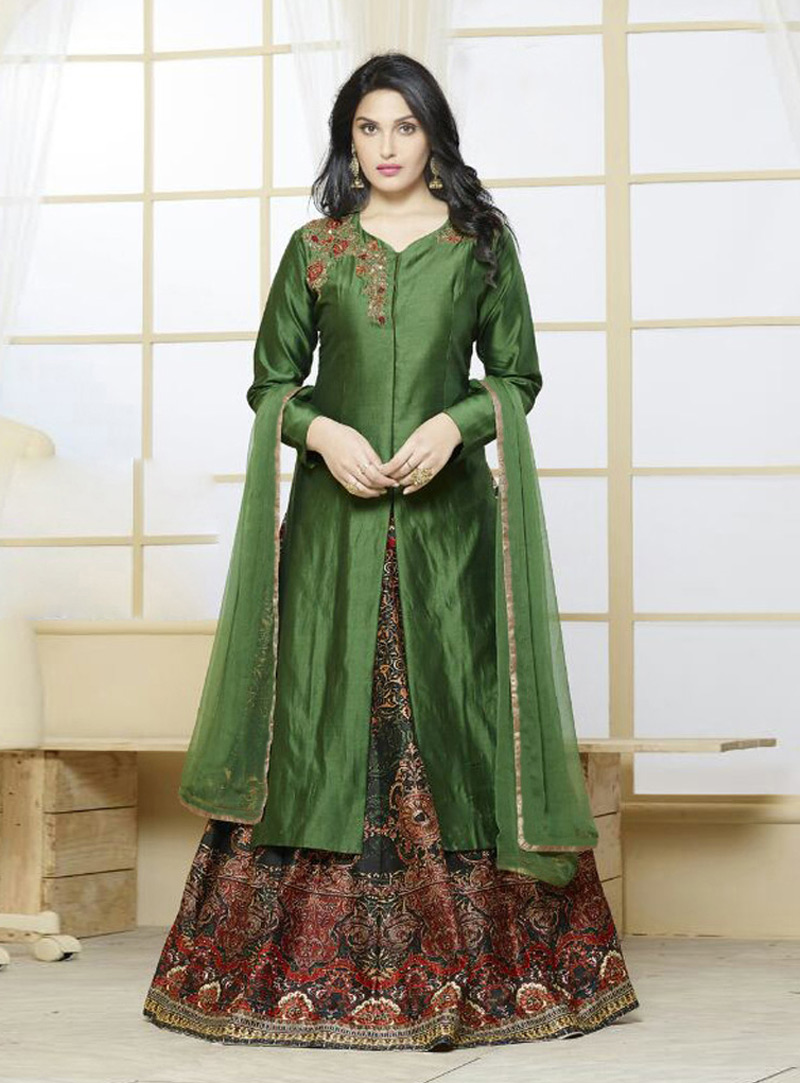 Green Silk Lehenga With Long Choli 85205