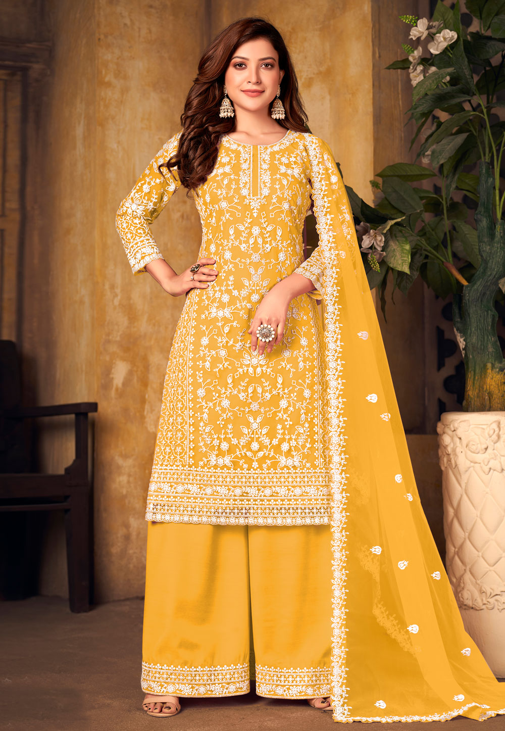 Yellow Net Embroidered Pakistani Suit 248529
