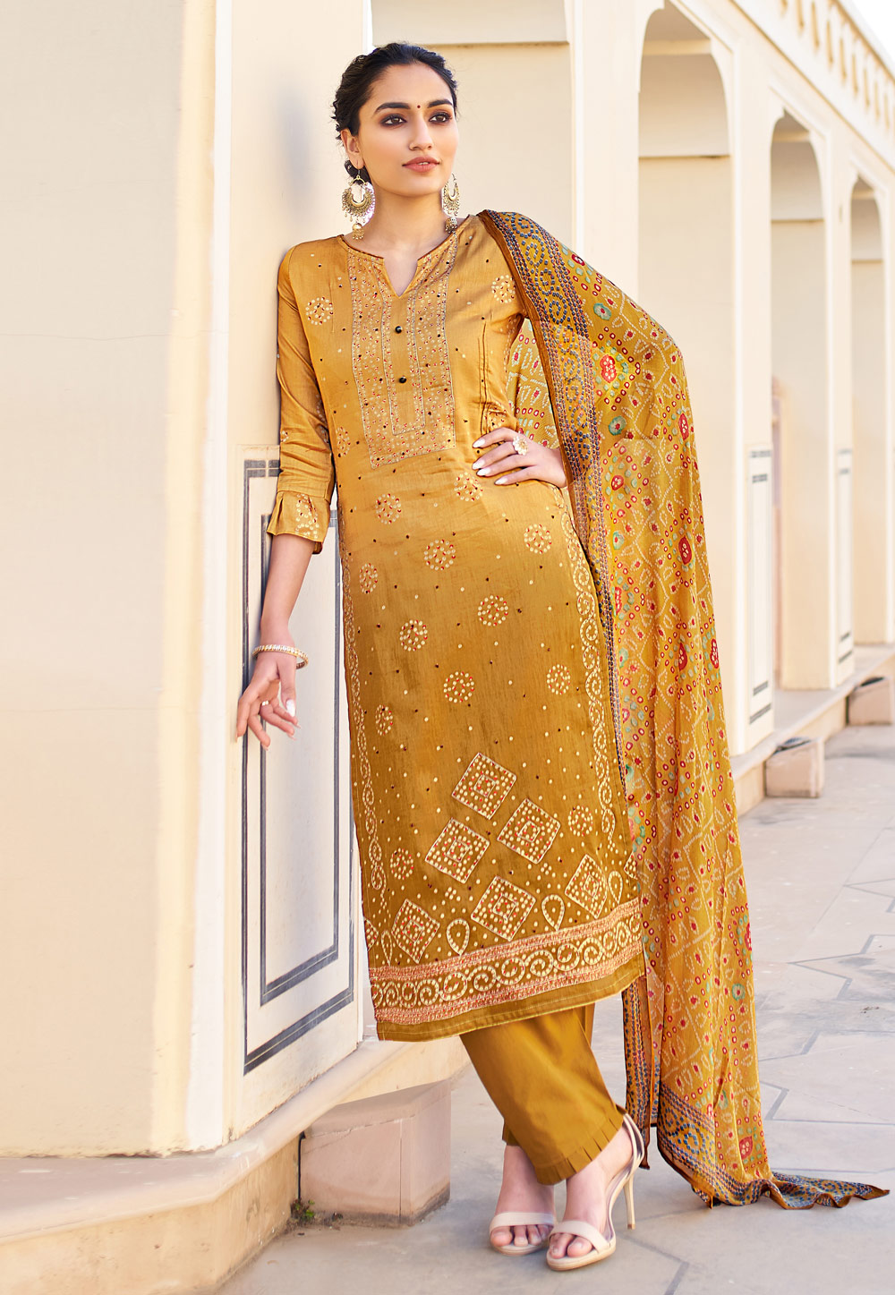 Mustard Georgette Palazzo Suit 218509