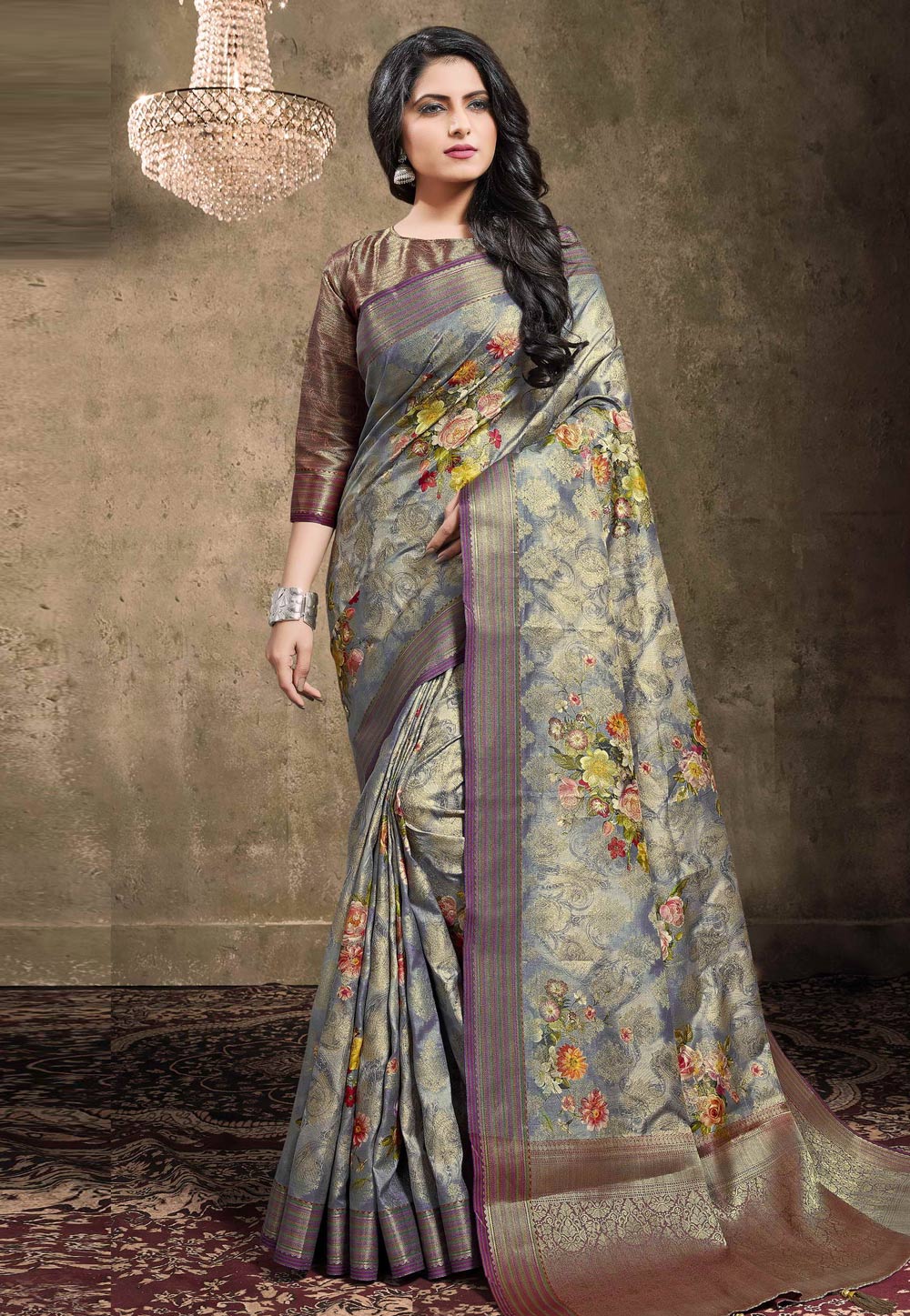 Grey Georgette Jacquard Printed Saree With Blouse 208141