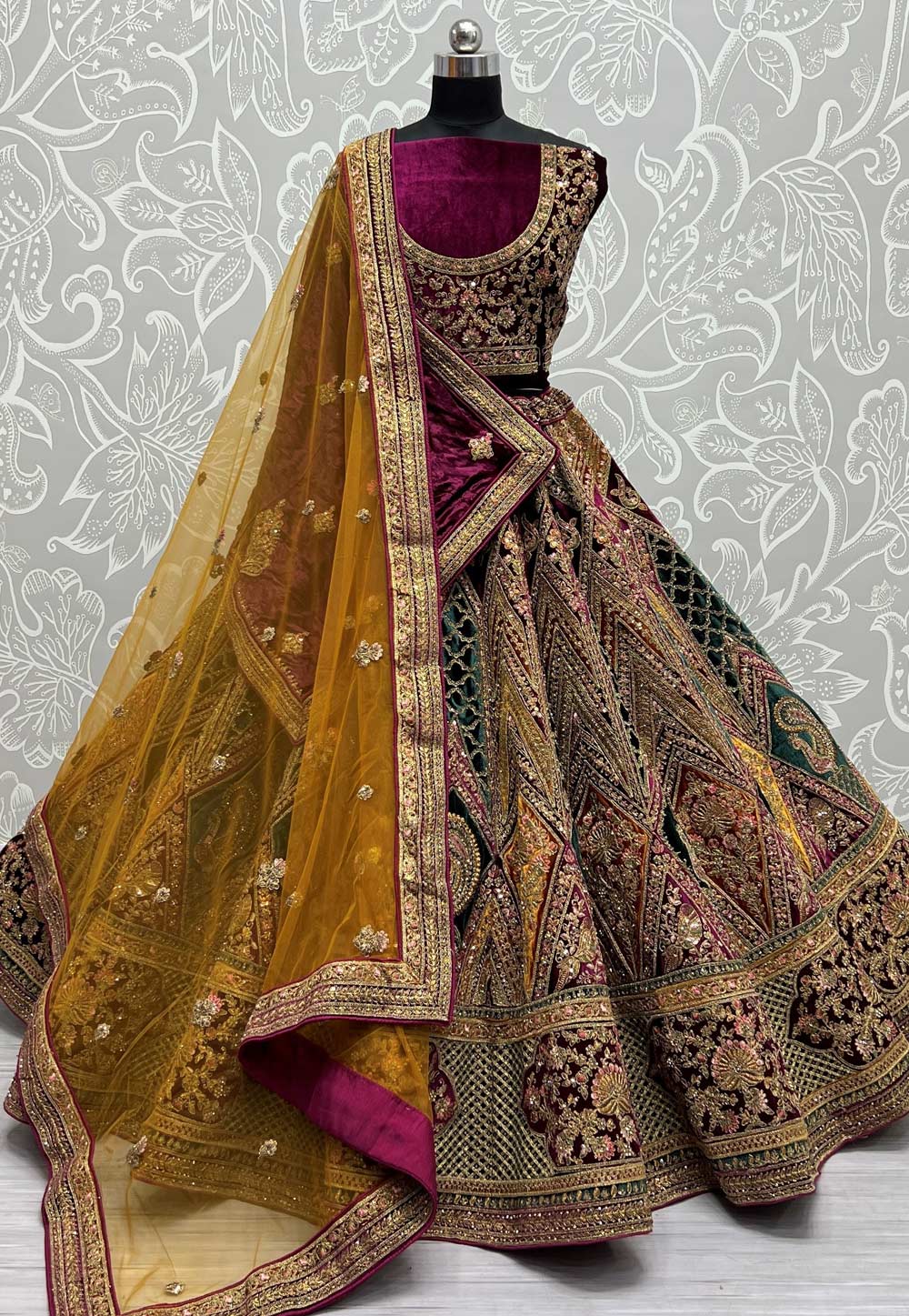 Magenta Velvet Bridal Lehenga Choli 266134