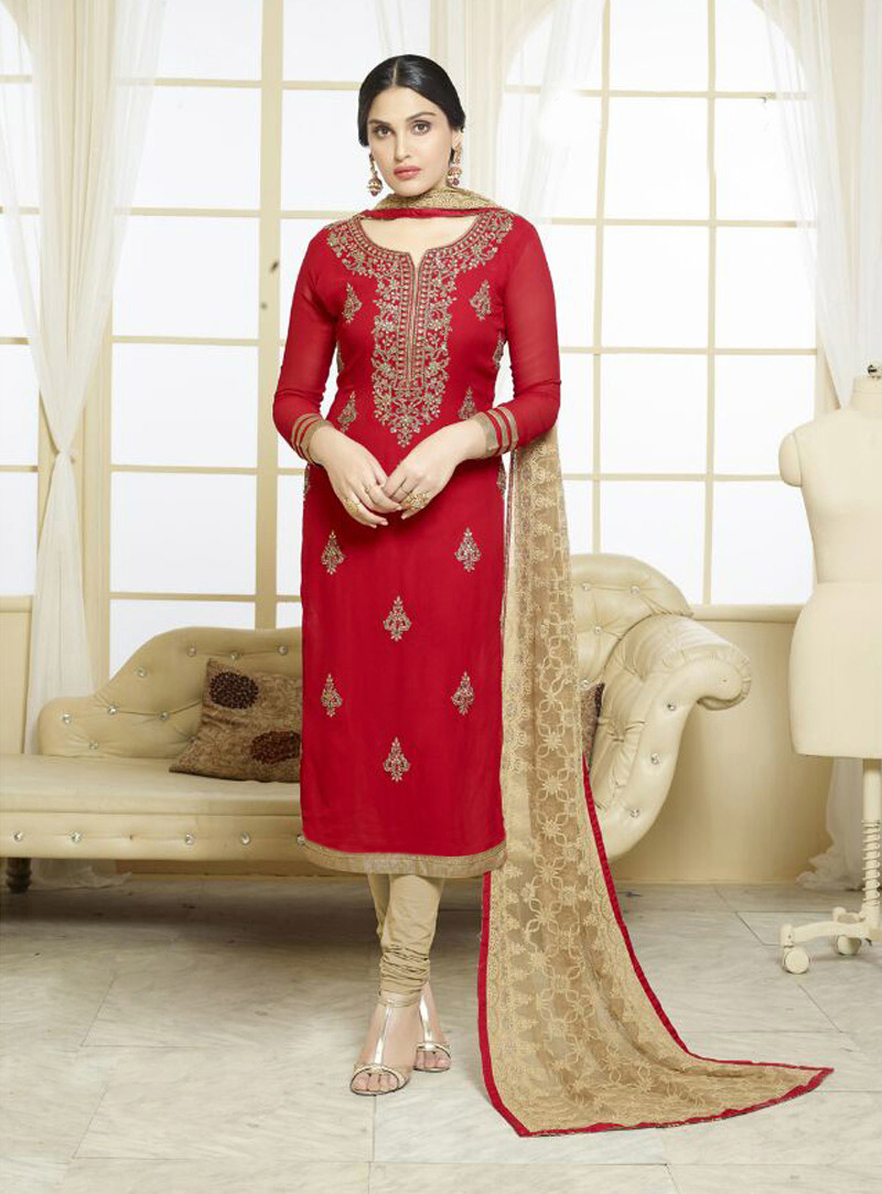 Red Faux Georgette Churidar Salwar Suit 85209