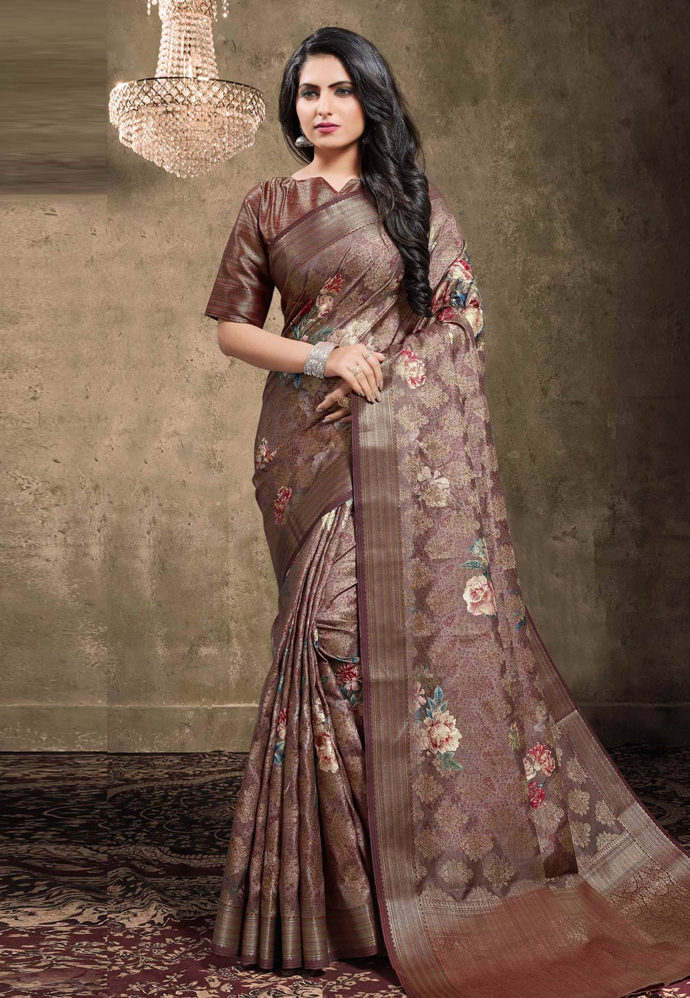 Brown Georgette Jacquard Printed Saree With Blouse 208143