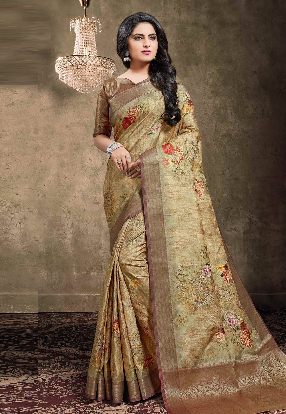 Beige Georgette Jacquard Printed Saree With Blouse 208145