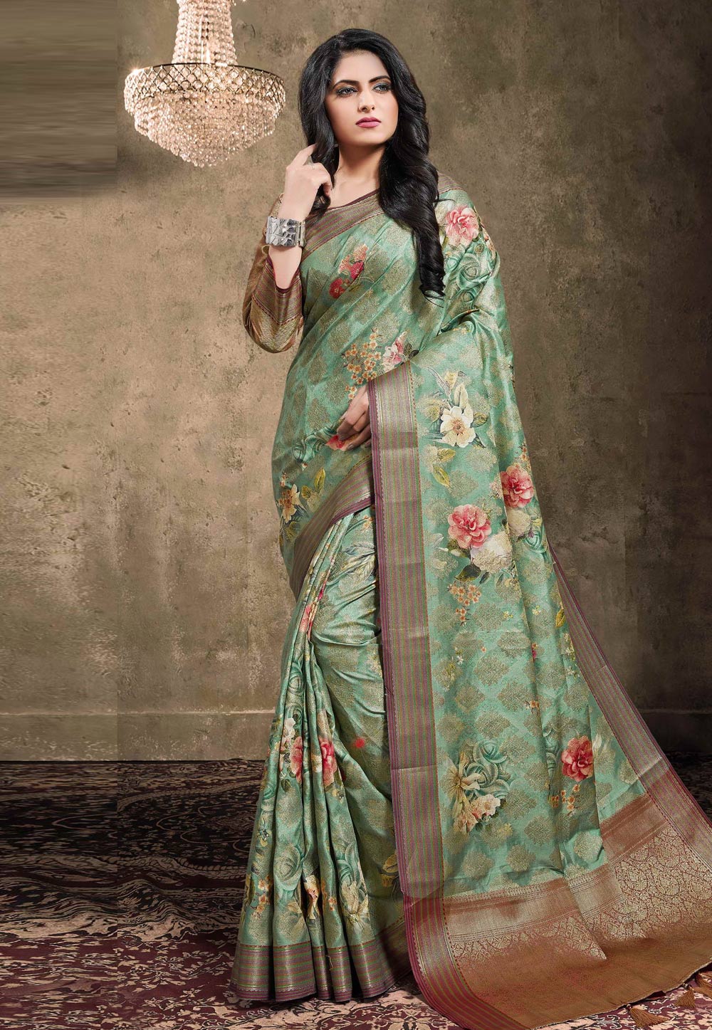 Green Georgette Jacquard Printed Saree With Blouse 208147