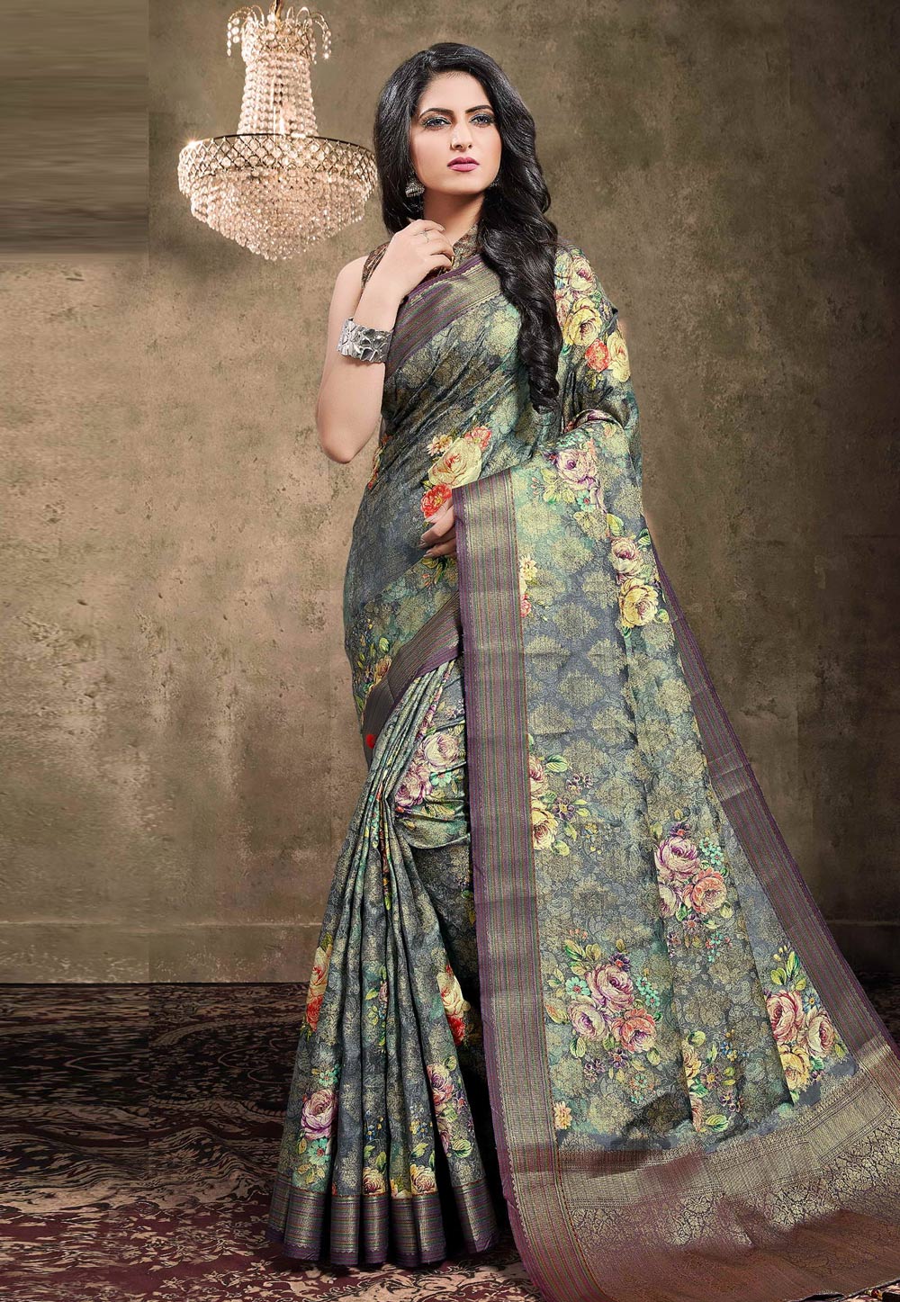 Grey Georgette Jacquard Printed Saree With Blouse 208149